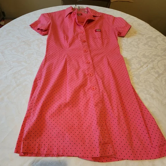 Y2K Dickies Sz M Barbie Pink Black Polkadot Buttondown Dress Worksiren Festival - Picture 4 of 14